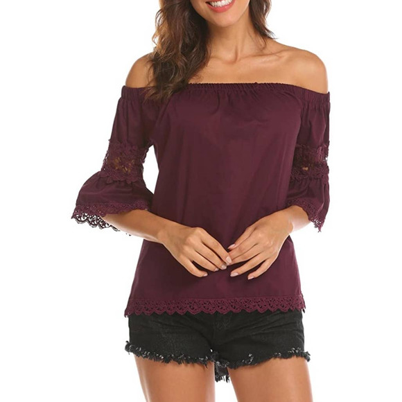 Off the shoulder burgundy top with lace detail - Picture 8 of 9